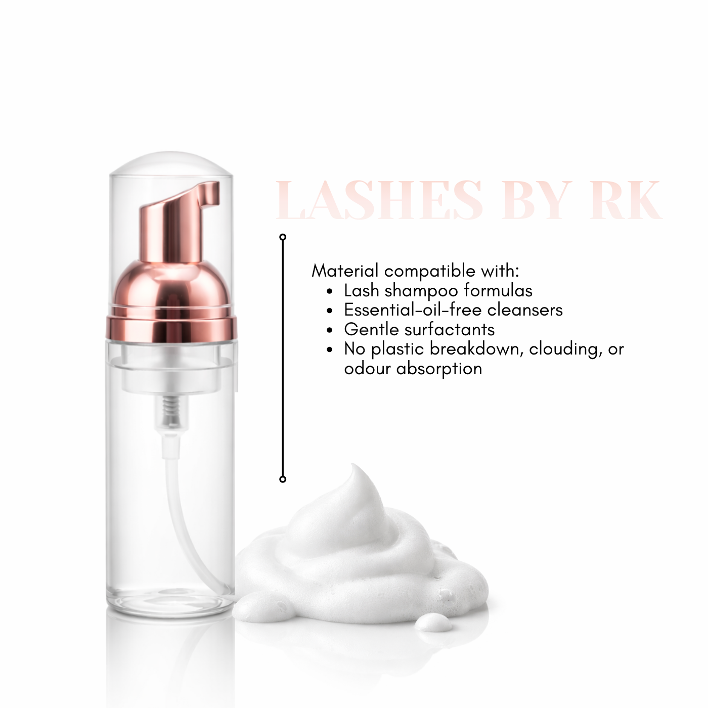 Clear bottle with rose gold cap and white foam on a white background