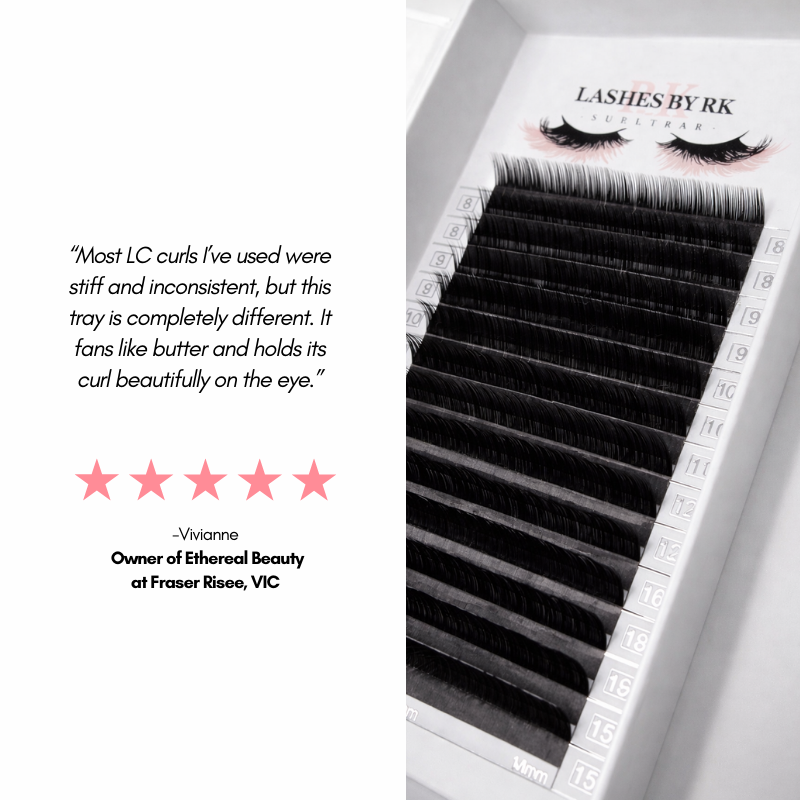 Eyelash extension tray with customer review on a white background