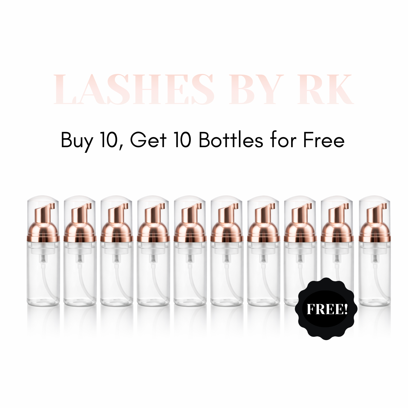 Set of 10 Free clear  lash bottles with rose gold caps.
