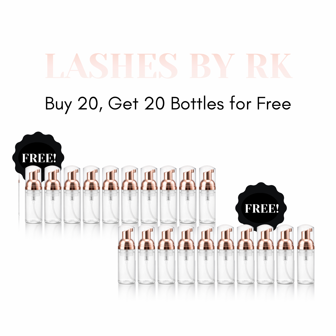 Set of 20 Free clear lash bottles with rose gold caps.